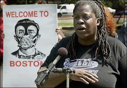 Roxbury resident and organizer Klare X. Allen speaking at a 2006 protest against BU's bioterror lab