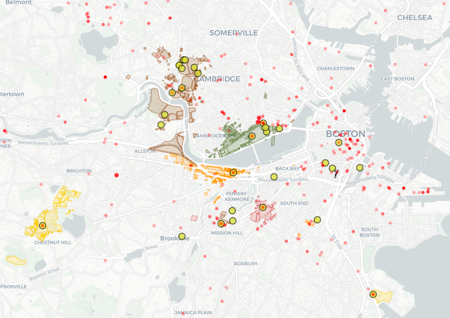 Map of universities (yellow dots), entities being funded by DoD/DHS (red dots), and university land parcels (Harvard University in brown, MIT in green, Boston University in orange, Northeastern University in red, Boston College in yellow). The two overlap.