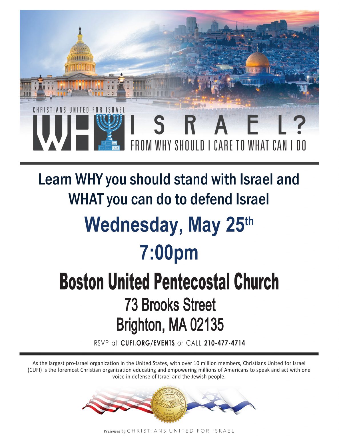Flyer for a pro-Zionist talk by Christians United for Israel, hosted by Boston United Pentecostal Church
