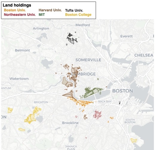 Figure 1: University land grabs. Land holdings of Boston-area universities (as of 2021) with the most highly “valued” properties (data from MassGIS).