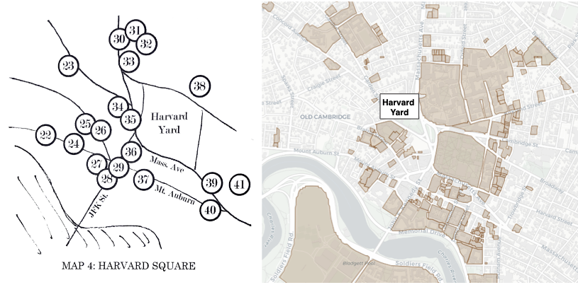 Figure 3: Harvard Square, then and now. Left: Tim Devin’s map of community organizations in Harvard Square in the 1970s (source: Mapping Out Utopia).