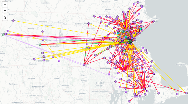 Geographical map of police organizations and links to other entities in Massachusetts. Purple dots represent police agencies.