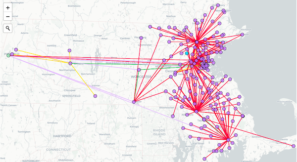 Map of Homeland Security Advisory Councils, Law Enforcement Councils, and associated police agencies. Purple dots represent police agencies; LECs are the central nodes from which red links radiate to other police agencies on the map.