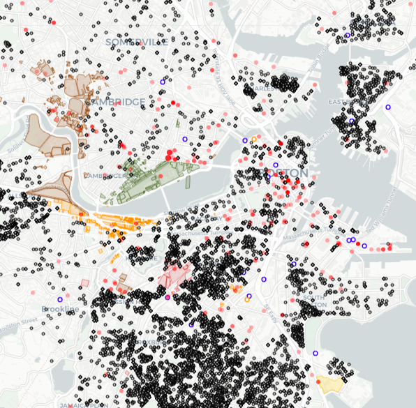 Map of entities being funded by DoD/DHS (red dots), eviction filings filed between 2015-2021 (grey dots), and university land parcels (Harvard University in brown, MIT in green, Boston University in orange, Northeastern University in red, Boston College in yellow).