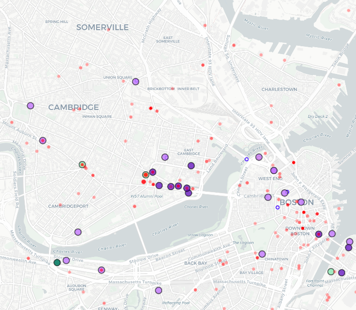 Map of Kendall Square area,where many of MIT's buildings and startups are located, showing recipients of DoD/DHS funding (red dots) and university land parcels (MIT in green) along with police and weapons developers.