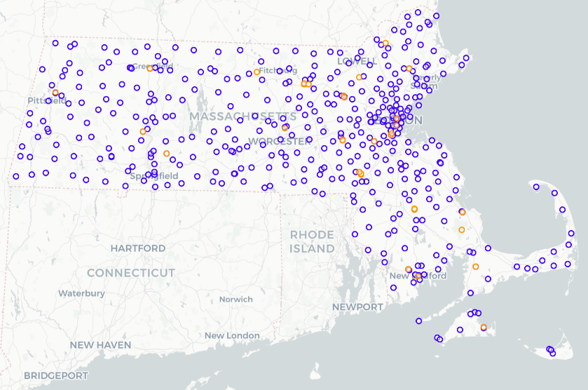 Map of police stations (blue dots) and prisons (orange dots) in Massachusetts.