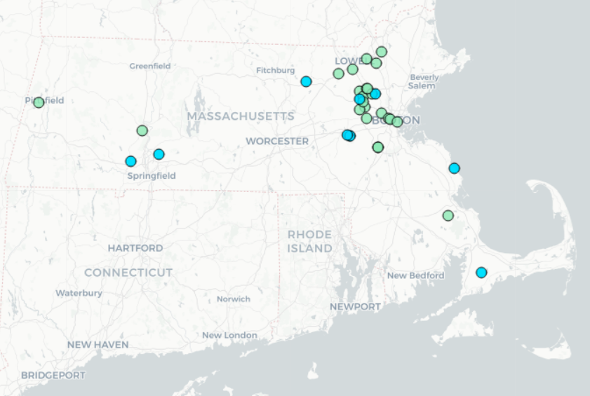 Map of weapons developers, weapons research laboratories, and US military bases in Massachusetts.