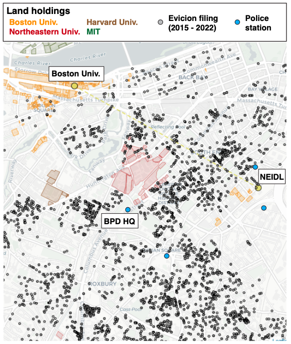 Universities grab land and create private wealth amidst displacement and ethnic cleansing. Universities’ land parcels are color-coded (Boston University’s parcels in orange), black dots indicate an eviction filing filed between 2015-2022, and blue dots indicate police stations (sources: MassCourts and MassGIS).